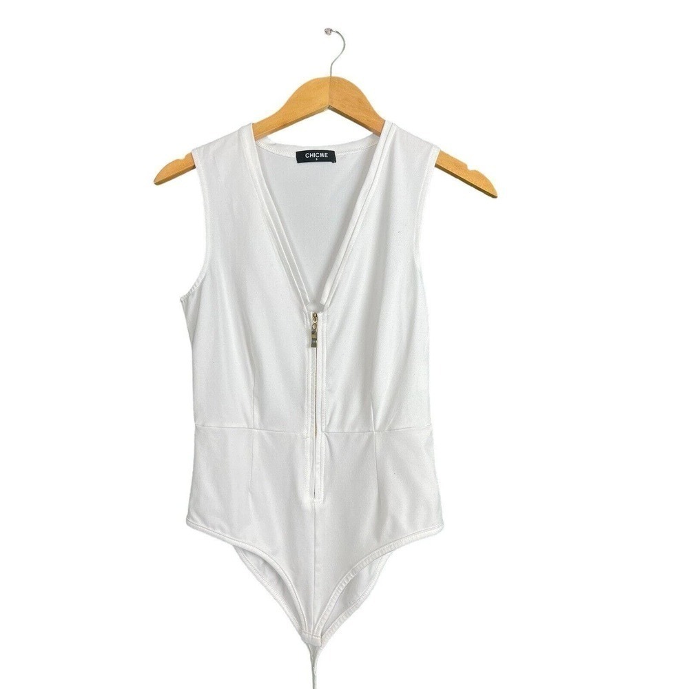 Chic Me Women White Bodysuit Size Small Gold Zipper